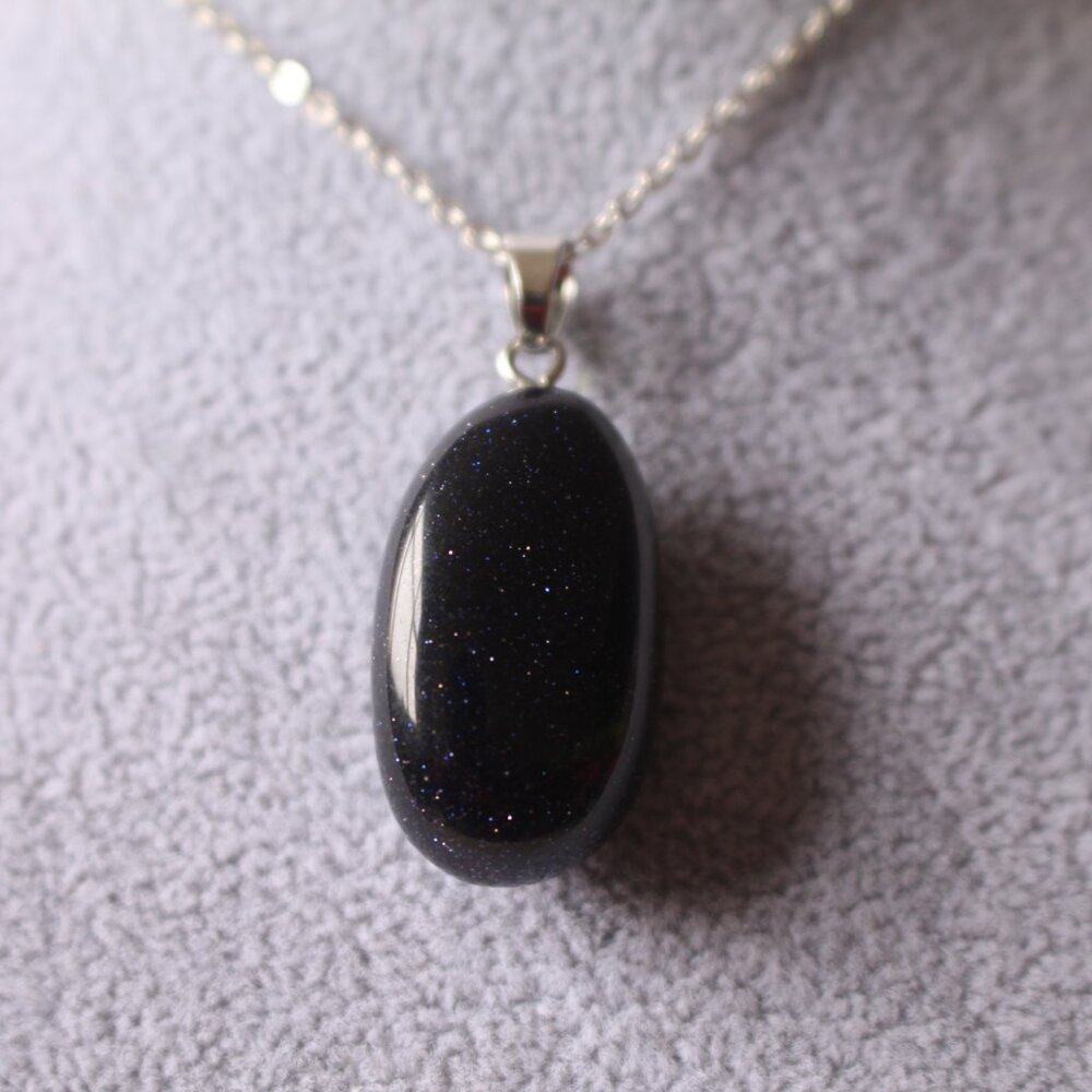 Blue Goldstone Oval Sparkle Pendant Necklace – Silver Chain - Picture 2 of 7